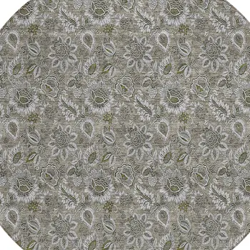 8' Taupe Brown And Beige Round Floral Washable Indoor Outdoor Area Rug