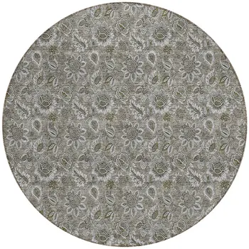 8' Taupe Brown And Beige Round Floral Washable Indoor Outdoor Area Rug