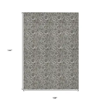 9' X 12' Taupe Brown And Beige Floral Washable Indoor Outdoor Area Rug
