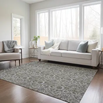10' X 14' Taupe Brown And Beige Floral Washable Indoor Outdoor Area Rug