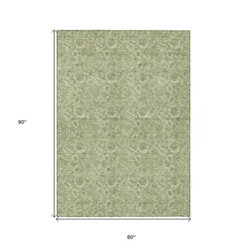 5' X 8' Green Floral Washable Indoor Outdoor Area Rug