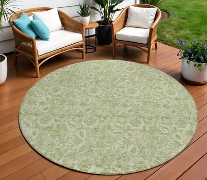 8' Green Round Floral Washable Indoor Outdoor Area Rug