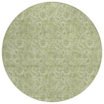 8' Green Round Floral Washable Indoor Outdoor Area Rug