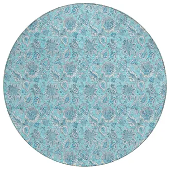 8' Aqua Blue And Silver Round Floral Washable Indoor Outdoor Area Rug