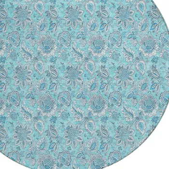 8' Aqua Blue And Silver Round Floral Washable Indoor Outdoor Area Rug