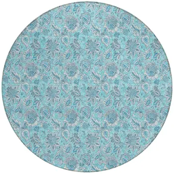 8' Aqua Blue And Silver Round Floral Washable Indoor Outdoor Area Rug