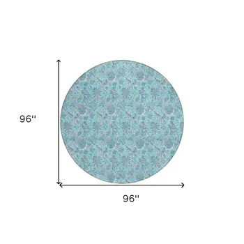 8' Aqua Blue And Silver Round Floral Washable Indoor Outdoor Area Rug