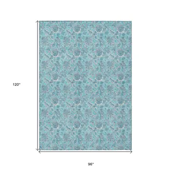 8' X 10' Aqua Blue And Silver Floral Washable Indoor Outdoor Area Rug