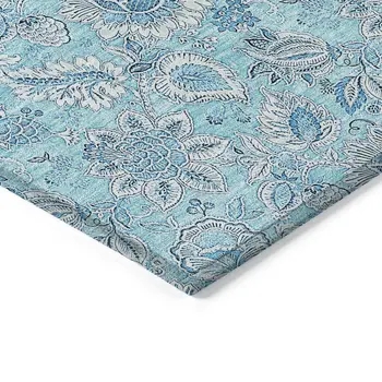 8' X 10' Aqua Blue And Silver Floral Washable Indoor Outdoor Area Rug