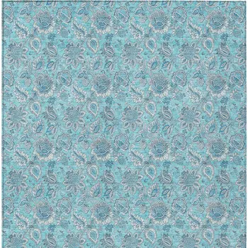 8' X 10' Aqua Blue And Silver Floral Washable Indoor Outdoor Area Rug