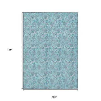 9' X 12' Aqua Blue And Silver Floral Washable Indoor Outdoor Area Rug