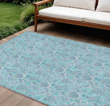 9' X 12' Aqua Blue And Silver Floral Washable Indoor Outdoor Area Rug