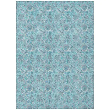 9' X 12' Aqua Blue And Silver Floral Washable Indoor Outdoor Area Rug