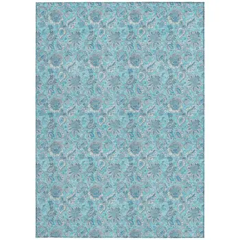 9' X 12' Aqua Blue And Silver Floral Washable Indoor Outdoor Area Rug