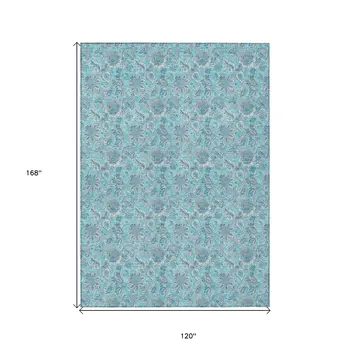 10' X 14' Aqua Blue And Silver Floral Washable Indoor Outdoor Area Rug