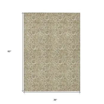 3' X 5' Beige Taupe And Brown Floral Washable Indoor Outdoor Area Rug