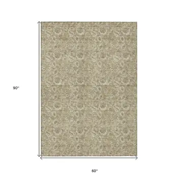 5' X 8' Beige Taupe And Brown Floral Washable Indoor Outdoor Area Rug