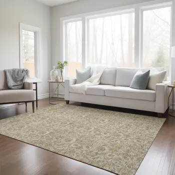 5' X 8' Beige Taupe And Brown Floral Washable Indoor Outdoor Area Rug