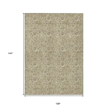 9' X 12' Beige Taupe And Brown Floral Washable Indoor Outdoor Area Rug