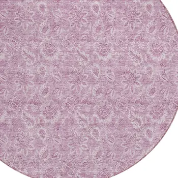 8' Blush Mauve And Pink Round Floral Washable Indoor Outdoor Area Rug