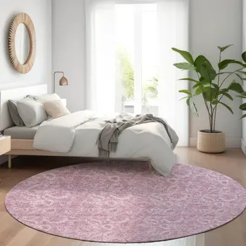 8' Blush Mauve And Pink Round Floral Washable Indoor Outdoor Area Rug