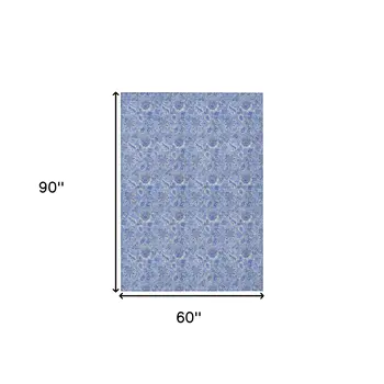 5' X 8' Navy Blue And Denim Blue Floral Washable Indoor Outdoor Area Rug