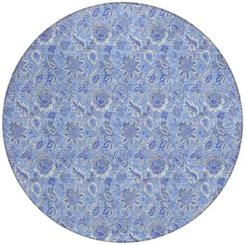 8' Navy Blue And Denim Blue Round Floral Washable Indoor Outdoor Area Rug