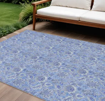 10' X 14' Navy Blue And Denim Blue Floral Washable Indoor Outdoor Area Rug