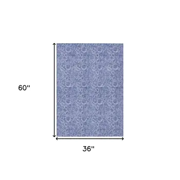 3' X 5' Denim Blue And Navy Blue Floral Washable Indoor Outdoor Area Rug