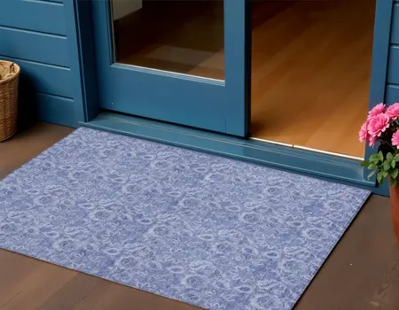 3' X 5' Denim Blue And Navy Blue Floral Washable Indoor Outdoor Area Rug