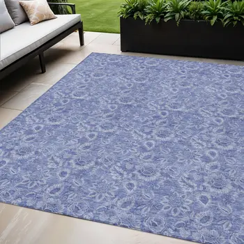 5' X 8' Denim Blue And Navy Blue Floral Washable Indoor Outdoor Area Rug