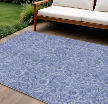 9' X 12' Denim Blue And Navy Blue Floral Washable Indoor Outdoor Area Rug