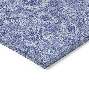 9' X 12' Denim Blue And Navy Blue Floral Washable Indoor Outdoor Area Rug