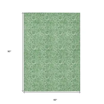 5' X 8' Green And Artichoke Green Floral Washable Indoor Outdoor Area Rug