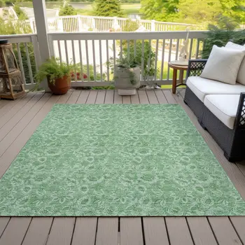 5' X 8' Green And Artichoke Green Floral Washable Indoor Outdoor Area Rug
