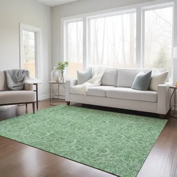 5' X 8' Green And Artichoke Green Floral Washable Indoor Outdoor Area Rug