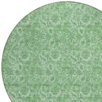 8' Green And Artichoke Green Round Floral Washable Indoor Outdoor Area Rug