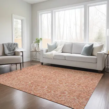 3' X 5' Salmon And Copper Floral Washable Indoor Outdoor Area Rug