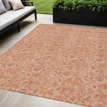 5' X 8' Salmon And Copper Floral Washable Indoor Outdoor Area Rug