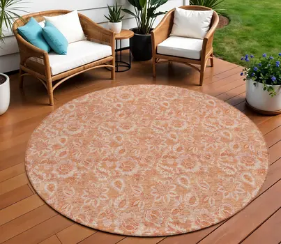8' Salmon And Copper Round Floral Washable Indoor Outdoor Area Rug