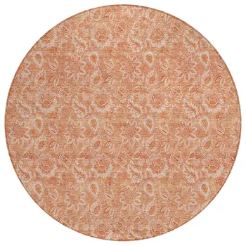 8' Salmon And Copper Round Floral Washable Indoor Outdoor Area Rug