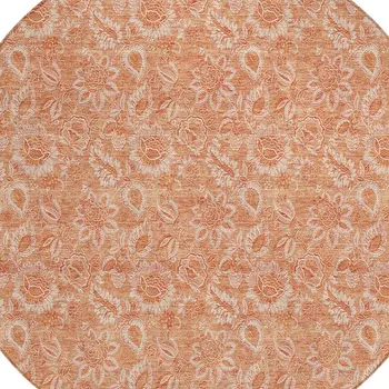 8' Salmon And Copper Round Floral Washable Indoor Outdoor Area Rug