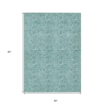 5' X 8' Teal Blue And Aqua Floral Washable Indoor Outdoor Area Rug