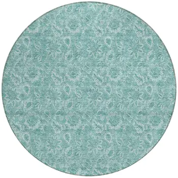 8' Teal Blue And Aqua Round Floral Washable Indoor Outdoor Area Rug