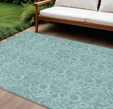 8' X 10' Teal Blue And Aqua Floral Washable Indoor Outdoor Area Rug