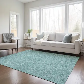 9' X 12' Teal Blue And Aqua Floral Washable Indoor Outdoor Area Rug