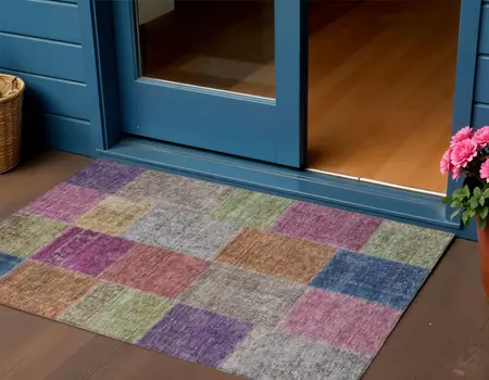 3' X 5' Copper Navy Blue And Gold Patchwork Washable Indoor Outdoor Area Rug