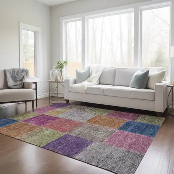 3' X 5' Copper Navy Blue And Gold Patchwork Washable Indoor Outdoor Area Rug