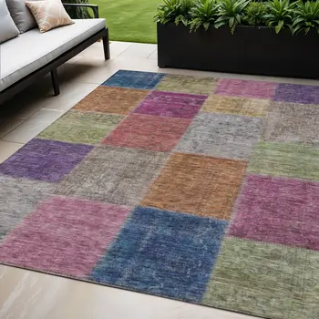 5' X 8' Copper Navy Blue And Gold Patchwork Washable Indoor Outdoor Area Rug