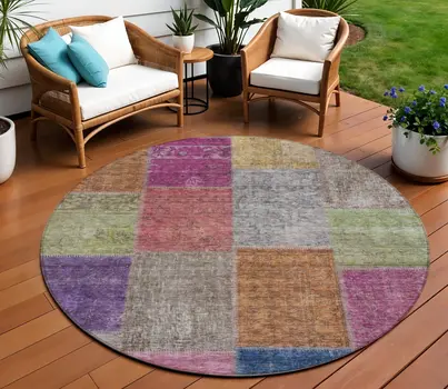 8' Copper Navy Blue And Gold Round Patchwork Washable Indoor Outdoor Area Rug
